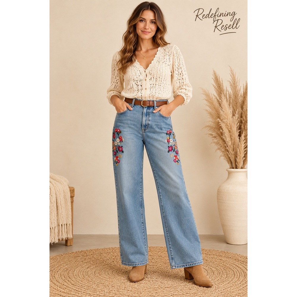 Talbots Simply Flattering Floral Embroidered Wide Leg Jeans Light Wash Size 10